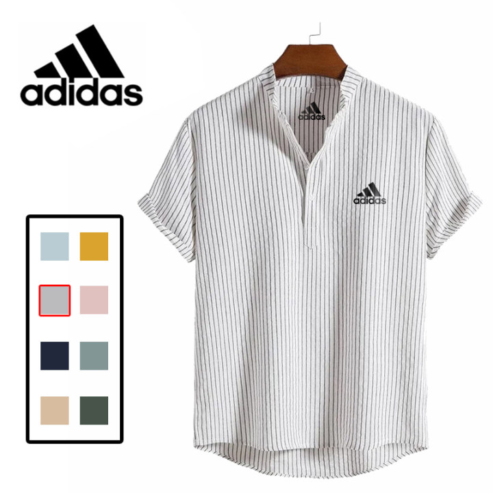 【1枚買うと1枚プレゼント】Adidas@2023 コットンリネンストライプスタンドカラーポロシャツ