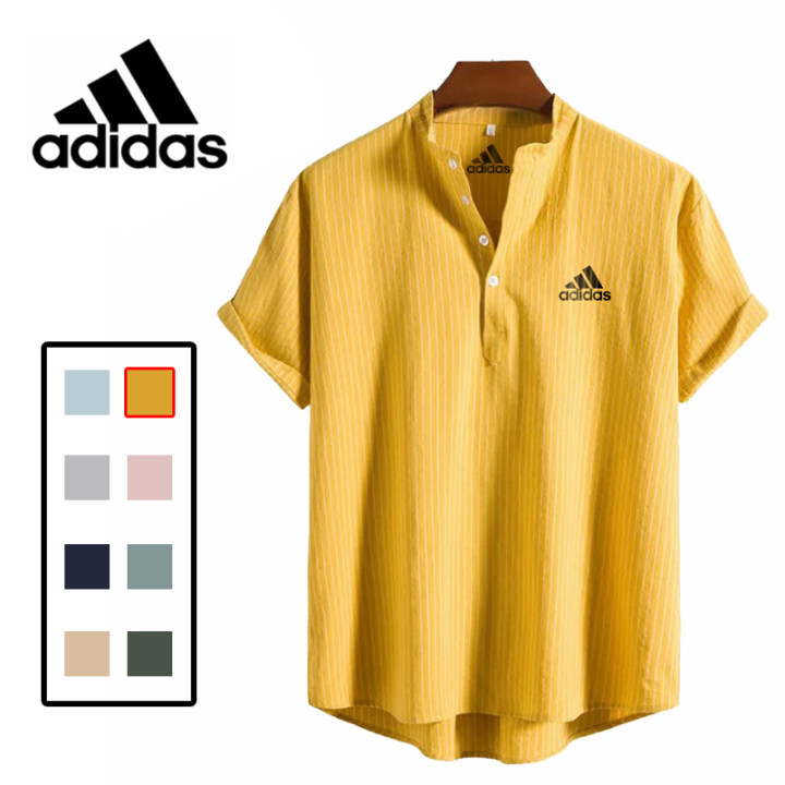 【1枚買うと1枚プレゼント】Adidas@2023 コットンリネンストライプスタンドカラーポロシャツ