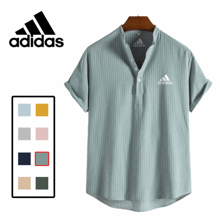 【1枚買うと1枚プレゼント】Adidas@2023 コットンリネンストライプスタンドカラーポロシャツ