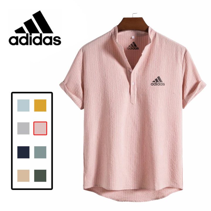 【1枚買うと1枚プレゼント】Adidas@2023 コットンリネンストライプスタンドカラーポロシャツ