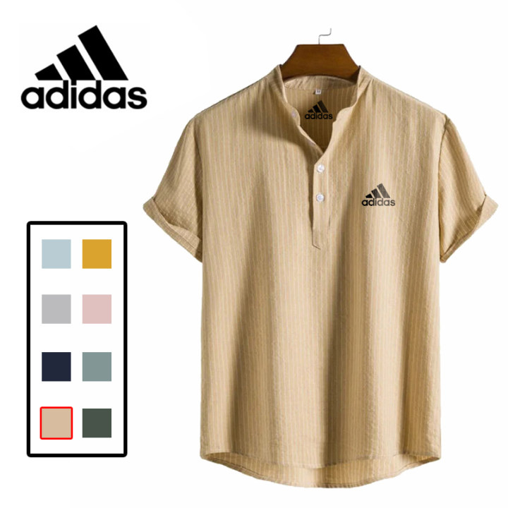 【1枚買うと1枚プレゼント】Adidas@2023 コットンリネンストライプスタンドカラーポロシャツ