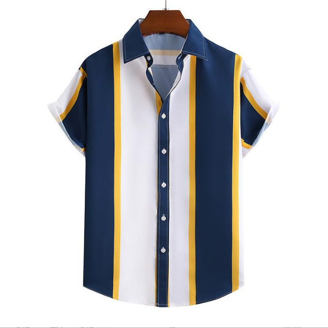 ヨーロッパとアメリカの新しいメンズルーズ 3D プリント半袖シャツ大きいサイズのストライプカーディガンラペルシャツ